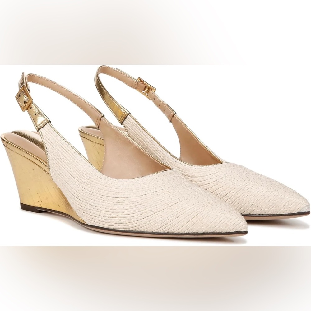 NWB Franco Sarto Women's Tessa Cream and Gold Slingback wedge Shoes